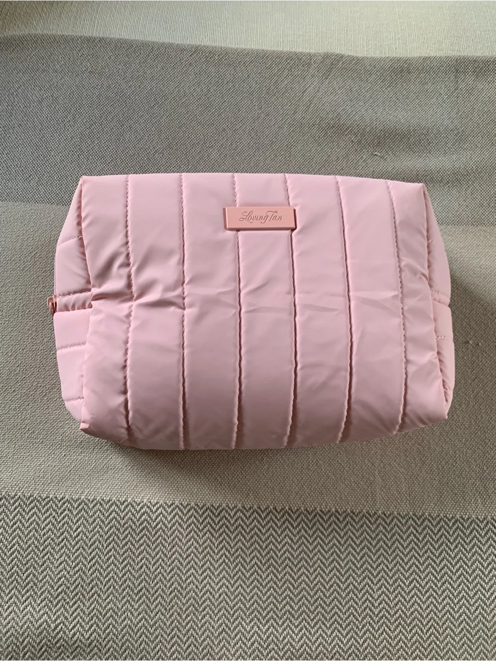 Loving Tan Pink Quilted Travel  Cosmetic Organizer Pouch  8”x8”
